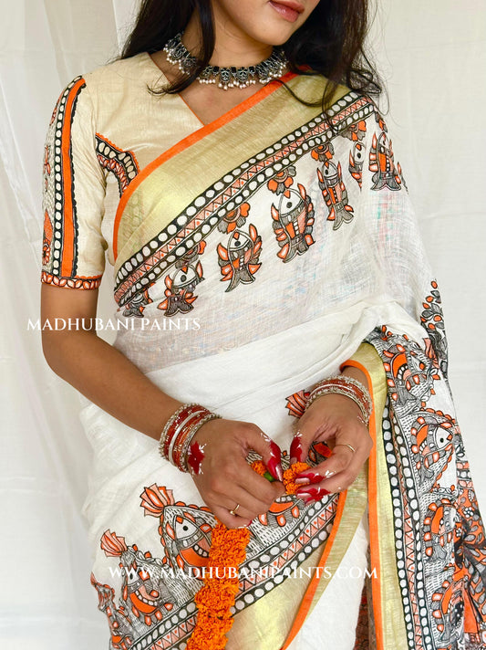 Linen Radha Krishna Hand-painted Madhubani Painting Saree