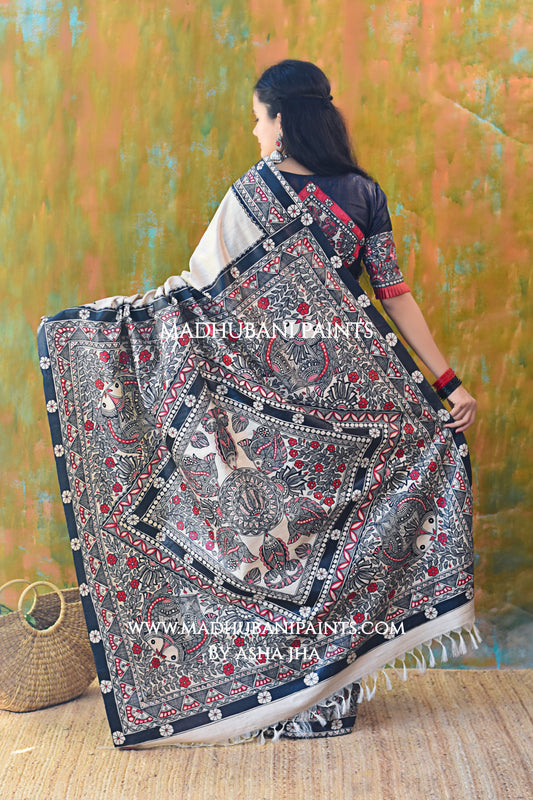 'SAGARIKA' Hand-painted Madhubani Tussar Silk Saree Blouse Set