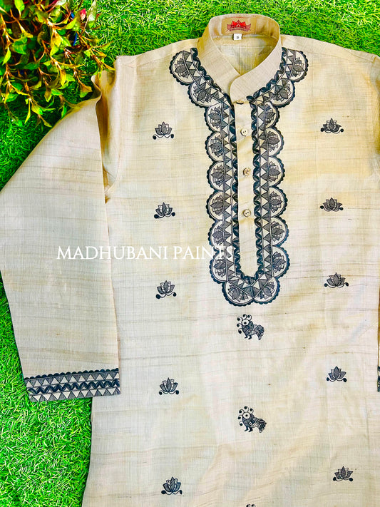 PANKHI Hand-painted Madhubani Men's Tussar Silk Kurta Pant Set