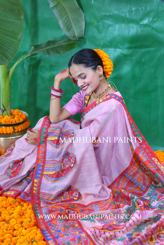 CHHATHI MAIYAA Handpainted Madhubani Chanderi Saree