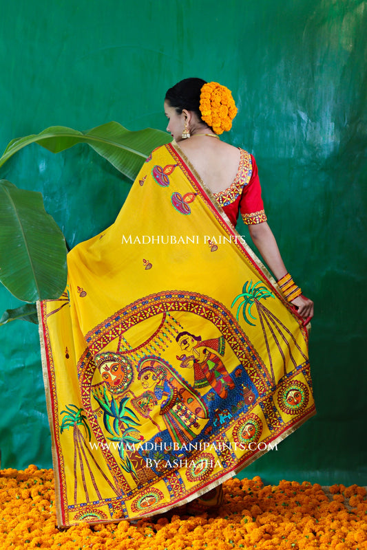 CHHATH PARV Hand painted Madhubani Mul Cotton Saree