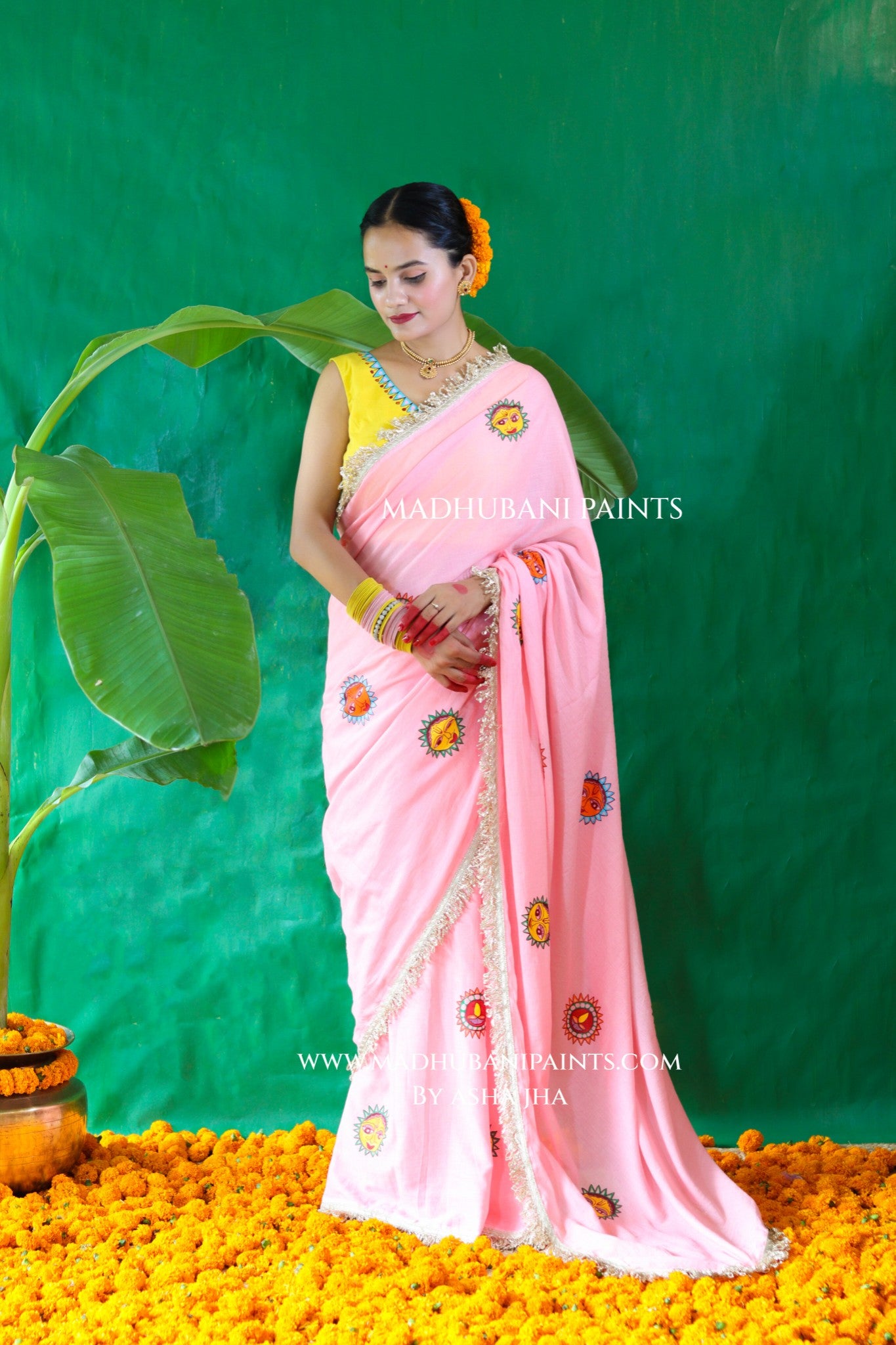 SURYA Chhath Puja Handpainted Madhubani Mul Cotton Saree