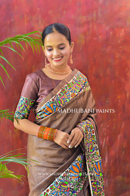 RADHA KRISHNA VRINDAVAN Hand-painted Madhubani Tussar Silk Saree Blouse Set