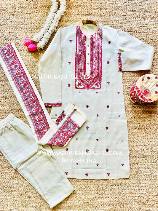 Laal Mithila Kamal Matsya Leela Men's Tussar Silk Kurta Pant Paag Dopptta Set