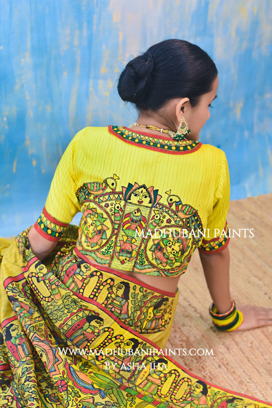 SUHAGAN Handpainted Madhubani Chanderi Saree Blouse Set