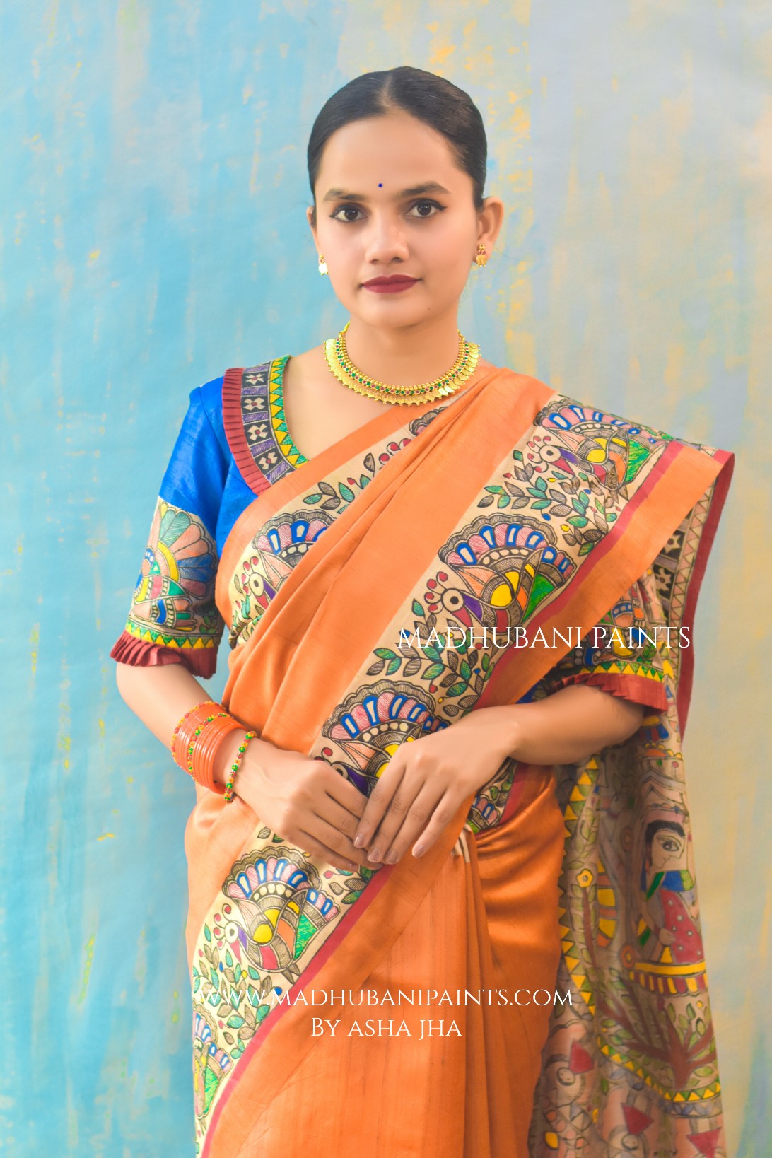 'NARANGI DOLI' Hand Painted  Madhubani Tussar Silk Saree Blouse Set