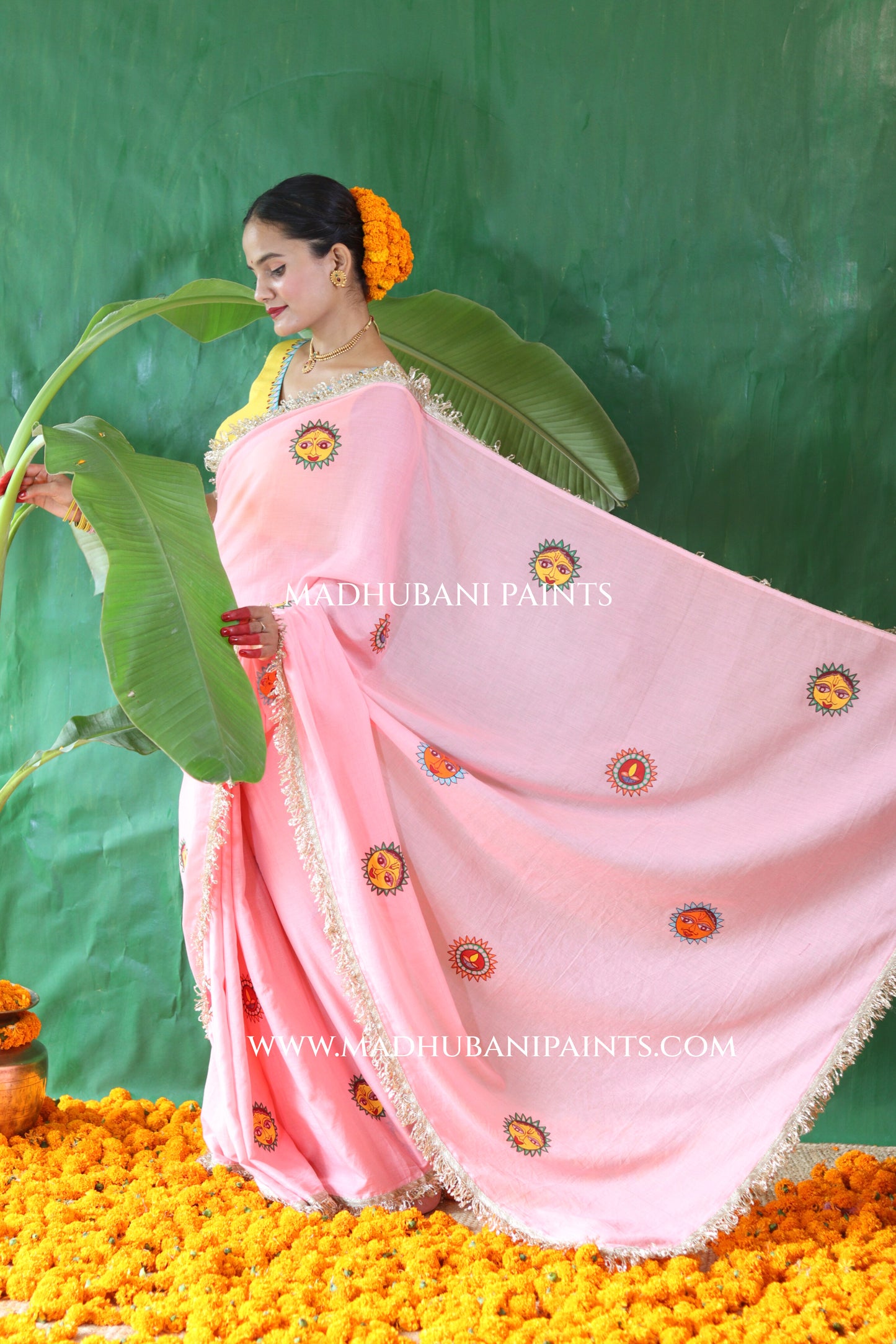 SURYA Chhath Puja Handpainted Madhubani Mul Cotton Saree