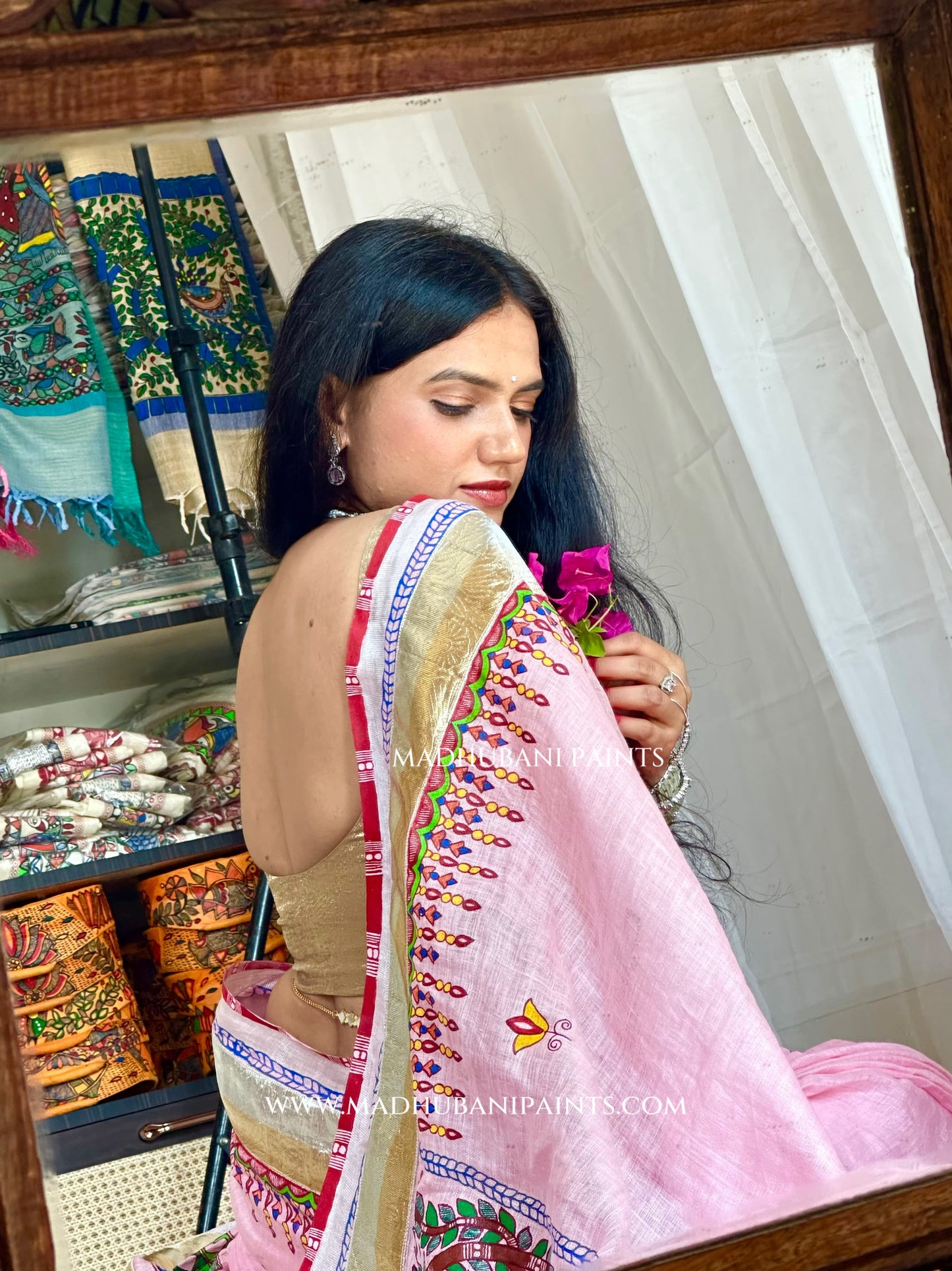 Gulabi Bridal Hand-painted Madhubani Painting Saree