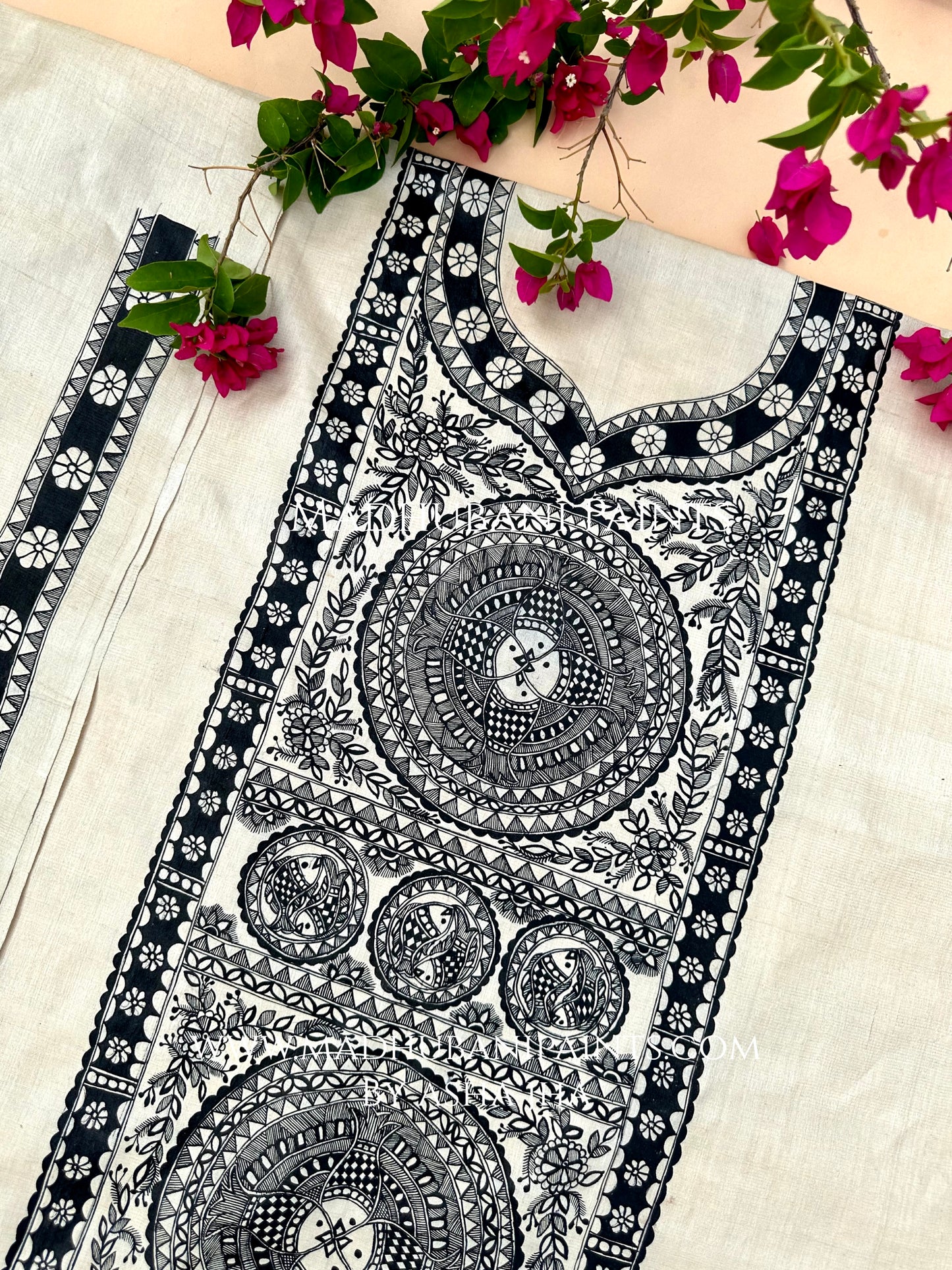 Black Phool Bharni Handpainted Unstitched Tussar Silk Kurta Pant Dupatta Set