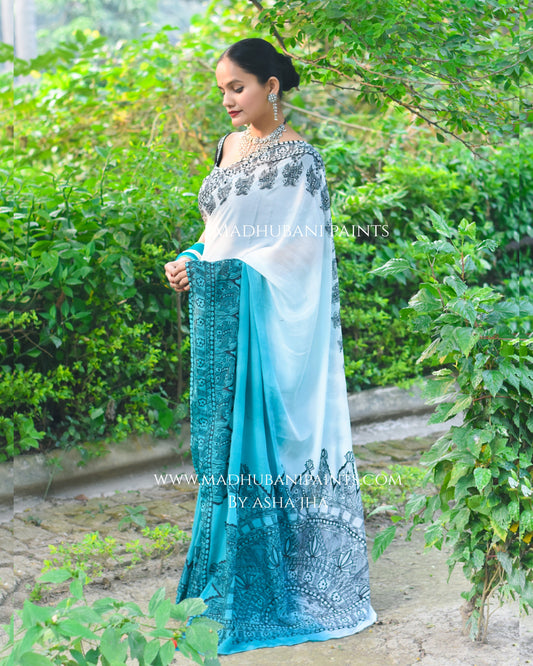 Neel Ujala Hand-painted Madhubani Chiffon Saree Blouse Set