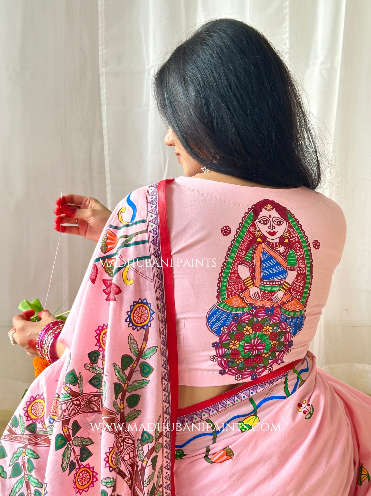 Madhushravani Pink Bridal Hand-painted Madhubani Painting Cotton Saree