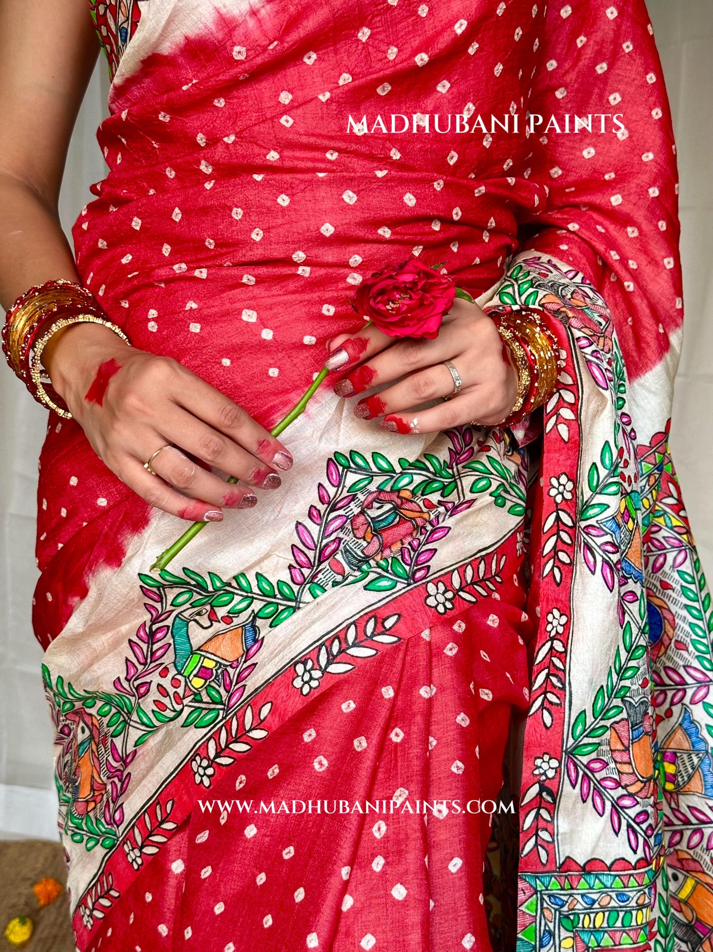 GULAB Handpainted Tussar Silk Bandhini Madhubani Saree