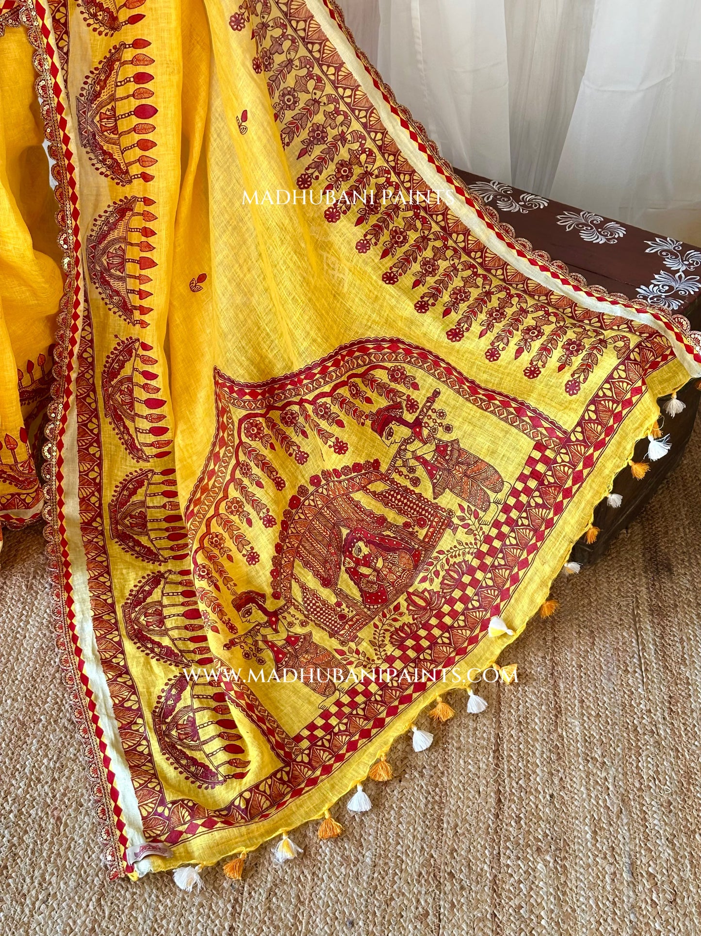 Haldi Bridal Hand-painted Madhubani Painting Saree Blouse Set