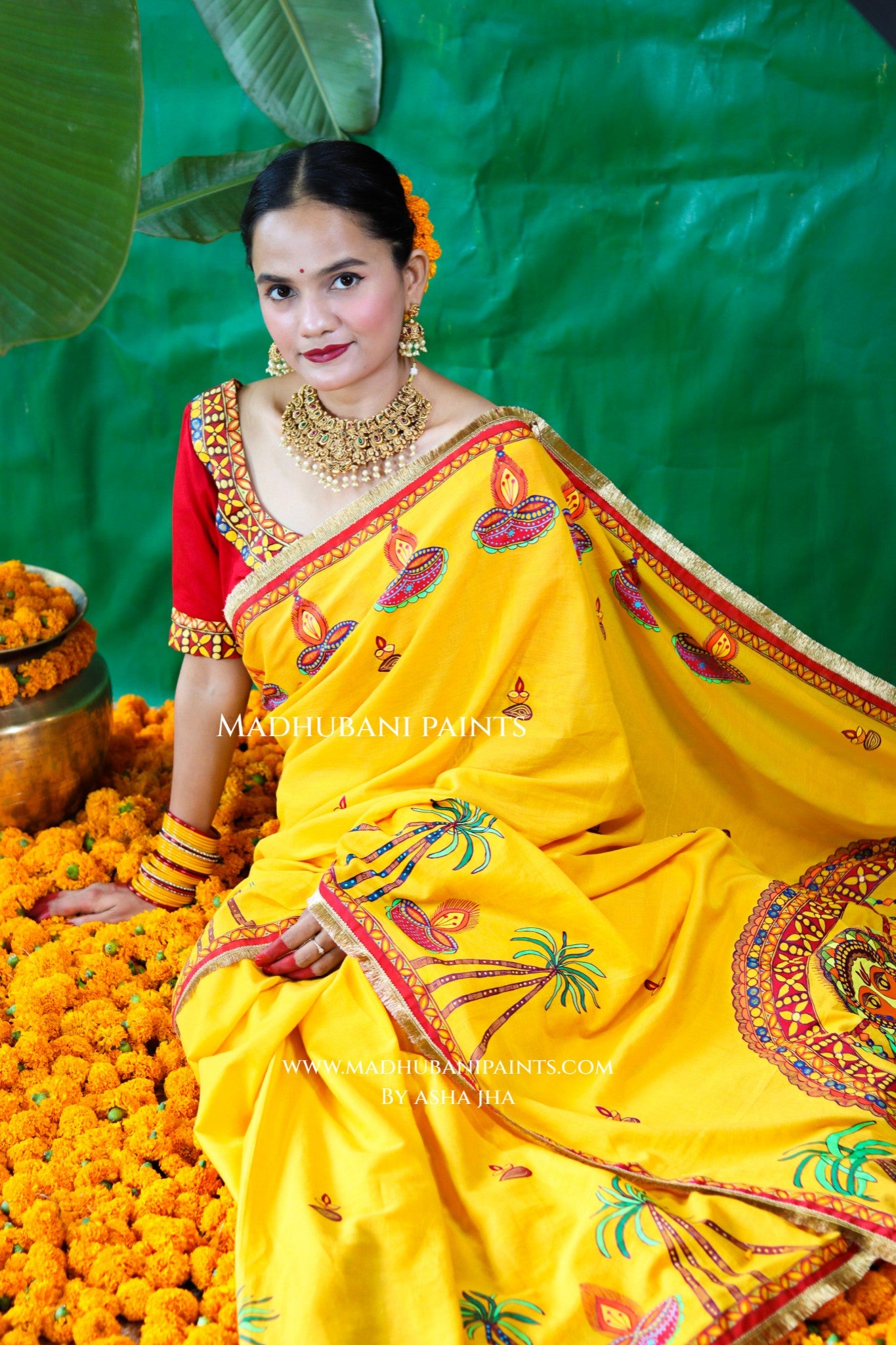 CHHATH PARV Hand painted Madhubani Mul Cotton Saree Blouse Set