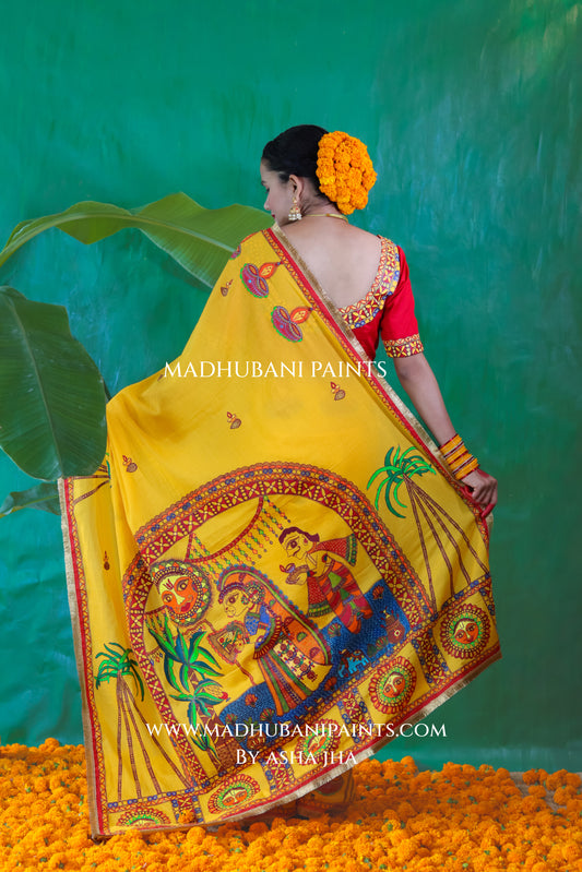 CHHATH PARV Hand painted Madhubani Mul Cotton Saree