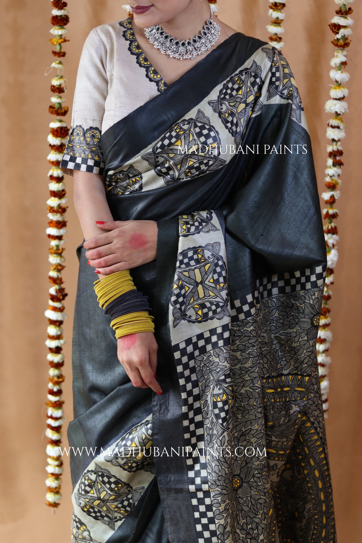 SAMUNDRAMAYI Yellow Hand-Painted Madhubani Tussar Silk Saree
