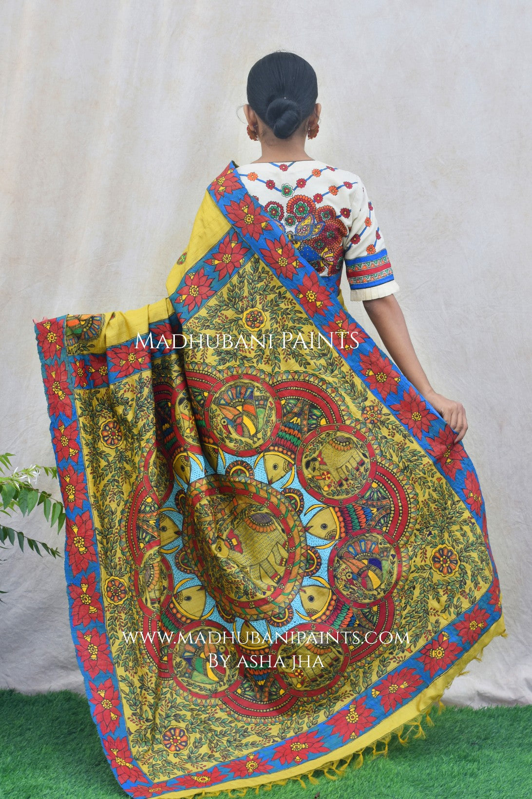 GAJANAND MATSYA' Hand Painted Madhubani Tussar Silk Saree Blouse Set