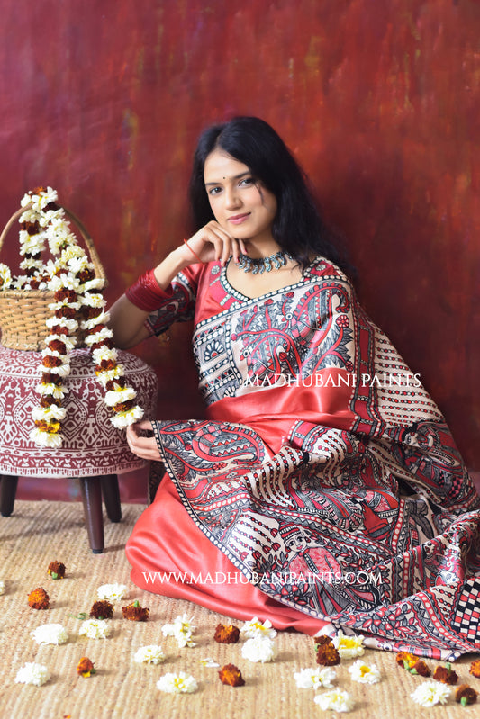 RED BENGALI WEDDING Hand-painted Madhubani Tussar Silk Saree