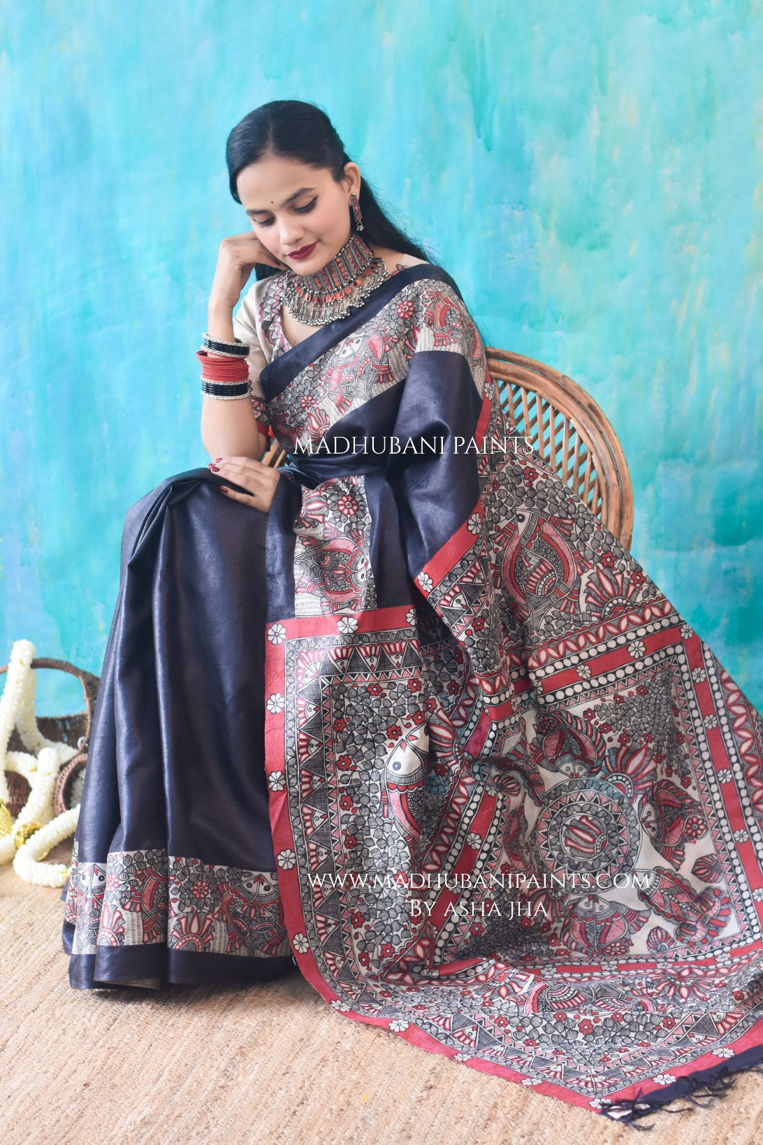 'MATSYA MANJARI' Hand-painted Madhubani Tussar Silk Saree Blouse Set
