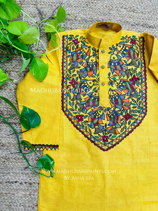 Yellow Multicoloured Fish Hand-painted Handloom Men's Cotton Kurta