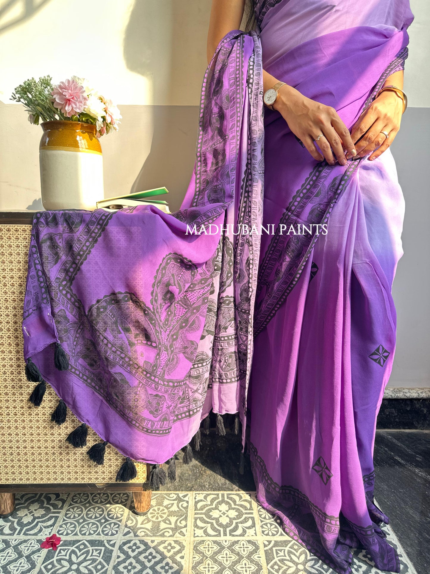 TARANGINI Handpainted Madhubani Georgette Saree