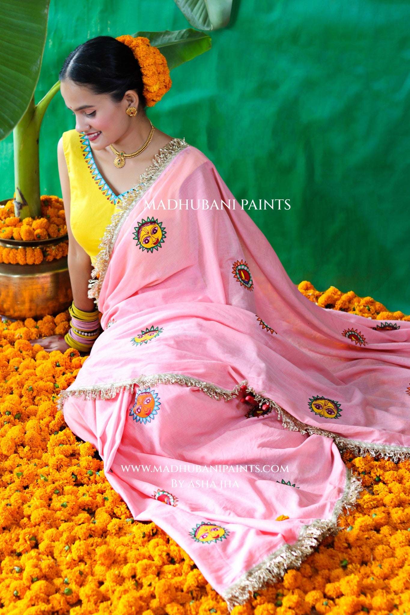 SURYA Chhath Puja Handpainted Madhubani Mul Cotton Saree