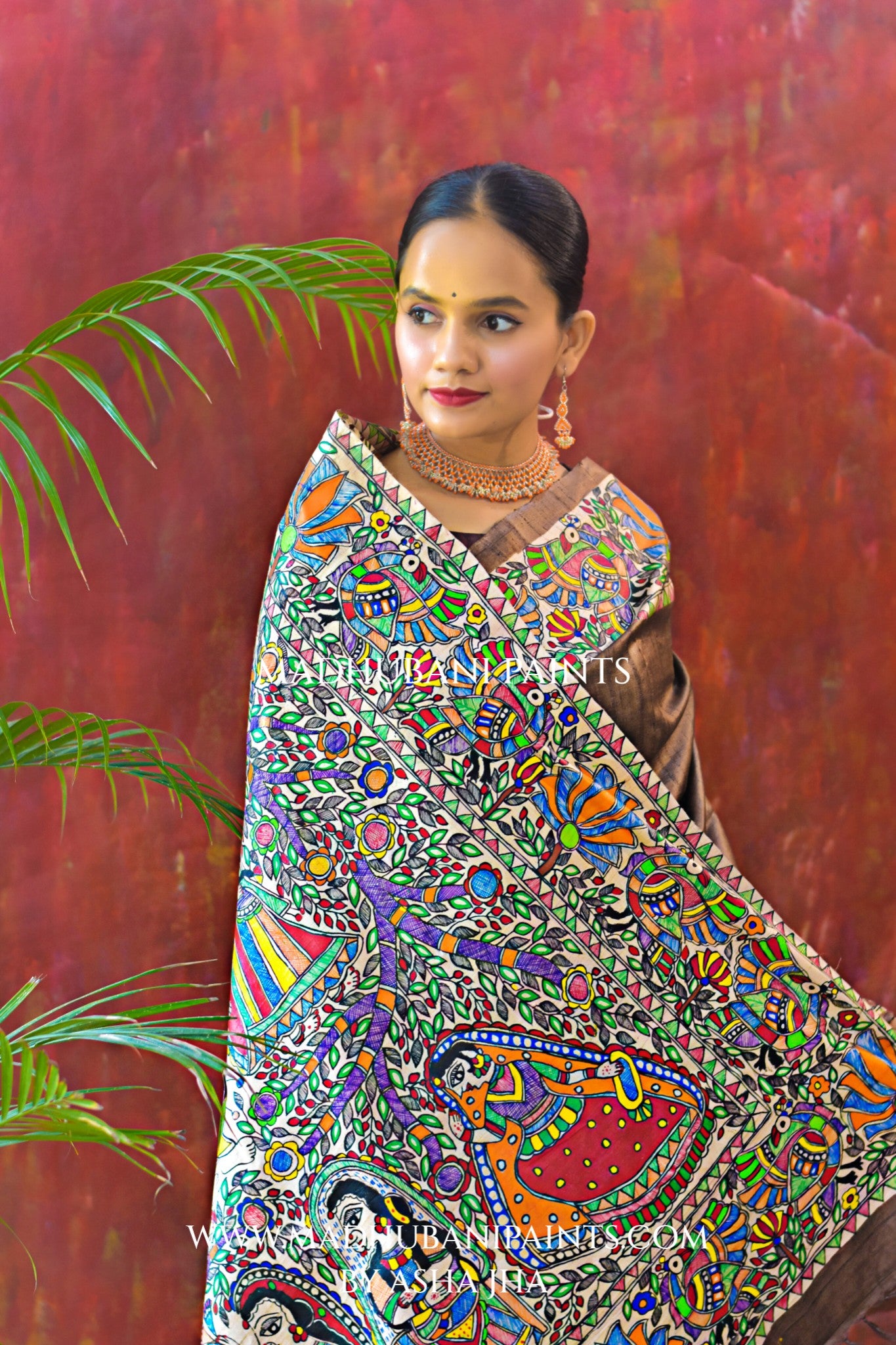 RADHA KRISHNA VRINDAVAN Hand-painted Madhubani Tussar Silk Saree