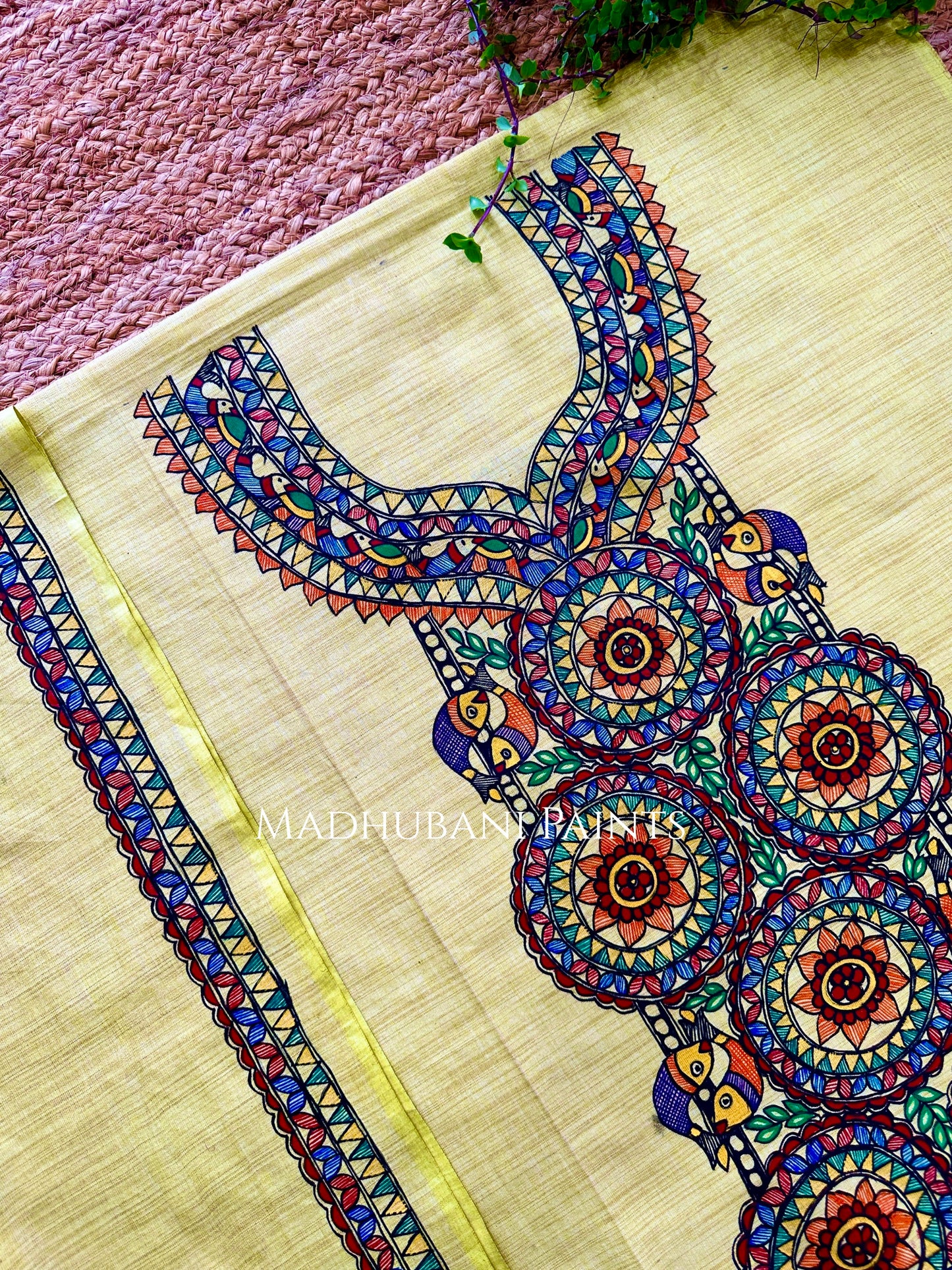 Phoolwari Matsya Hand-painted Madhubani Painting Cotton Unstitched Kurta Pant Dupatta Set