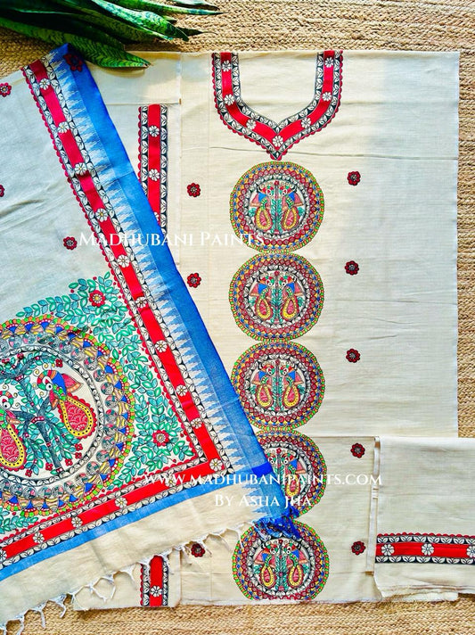 Sunehri Mayuri Hand-painted Madhubani Painting Cotton Unstitched Kurta Pant Dupatta Set