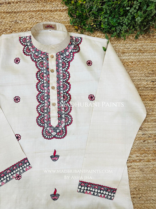 Phool Diya Hand-painted Beige Madhubani Men's Tussar Silk Kurta