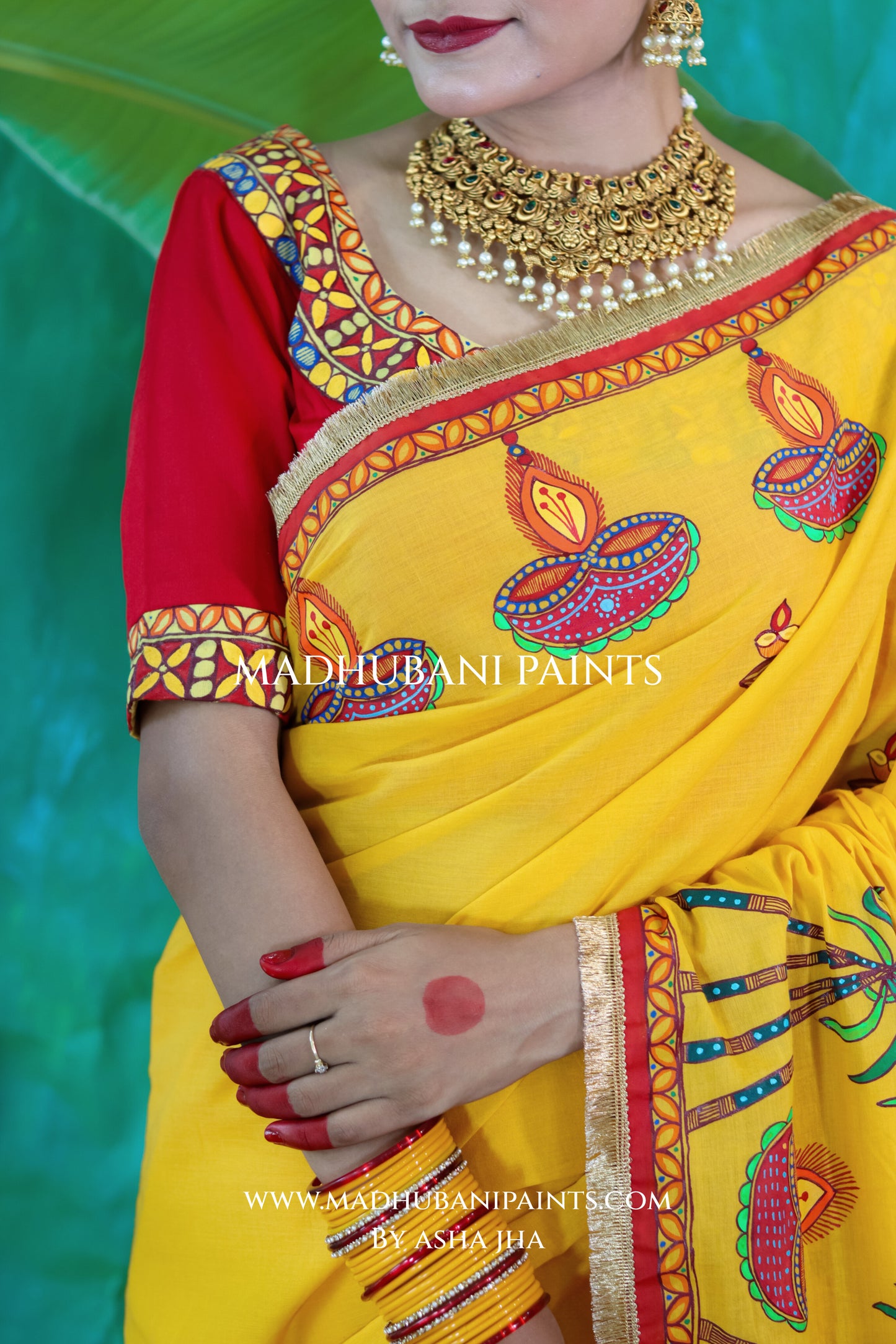 CHHATH PARV Hand painted Madhubani Mul Cotton Saree Blouse Set