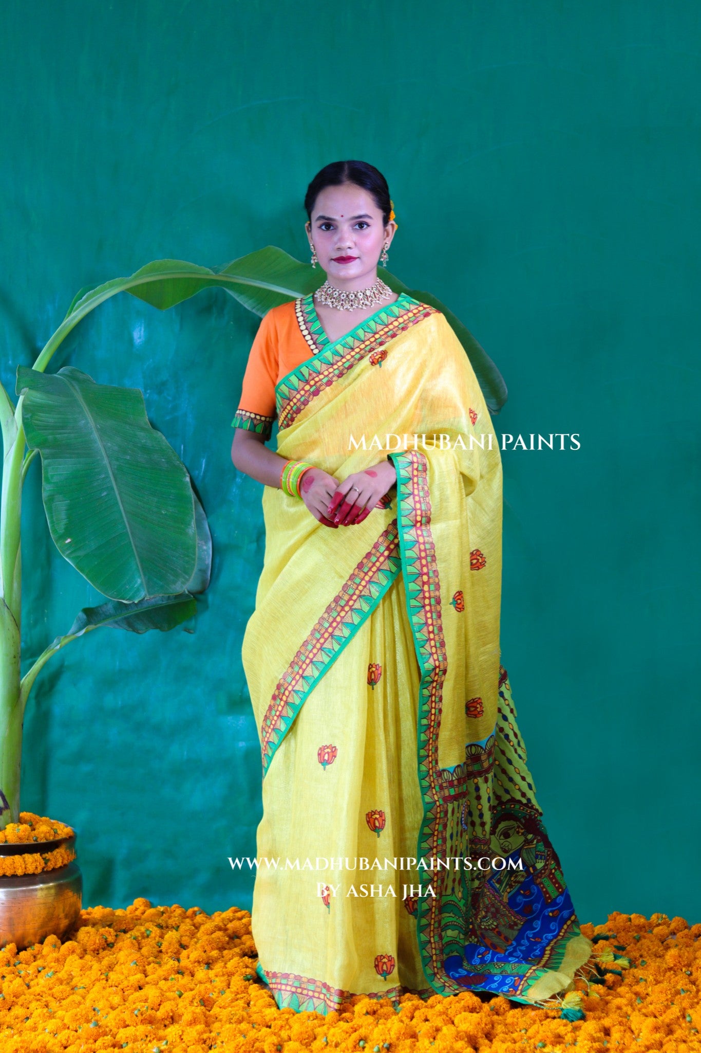 VRATI Chhath Puja Handpainted Madhubani Tissue Linen Saree Blouse Set