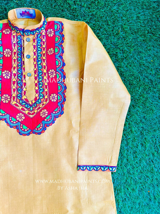 Laal Bharni Hand-painted Yellow Madhubani Men's Tussar Silk Kurta