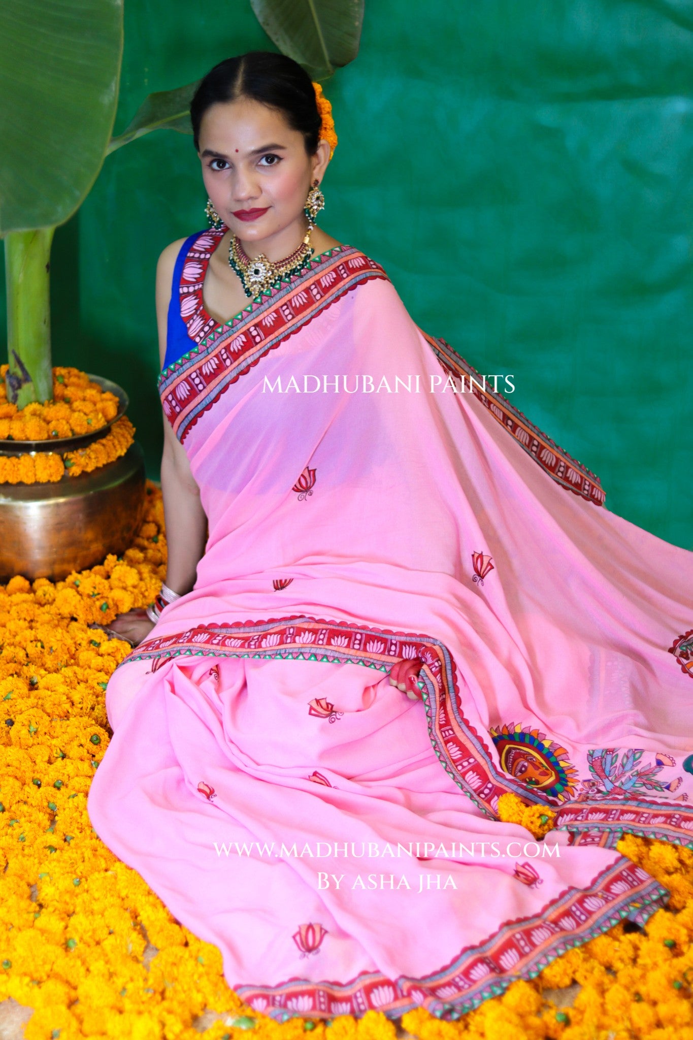 GULABI BHAKTI BHAVA Chhath Puja Hand painted Madhubani Georgette Saree Blouse Set