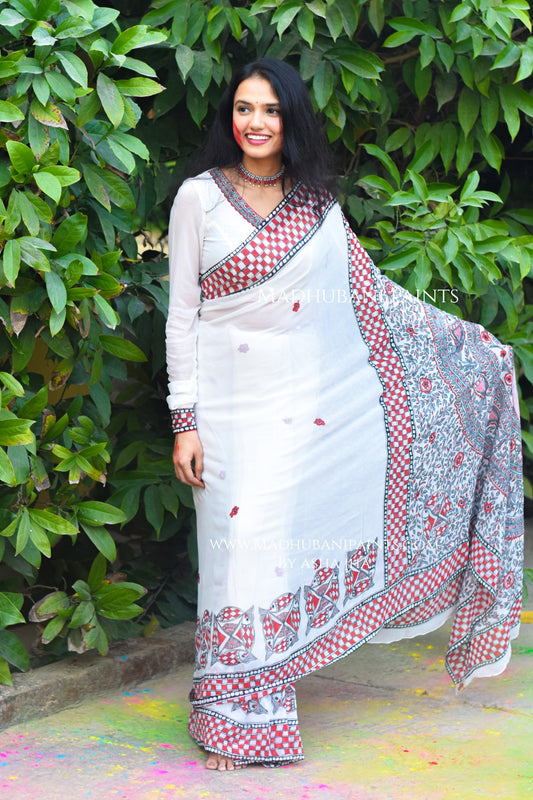 KALRAV Hand-painted Madhubani Georgette Saree