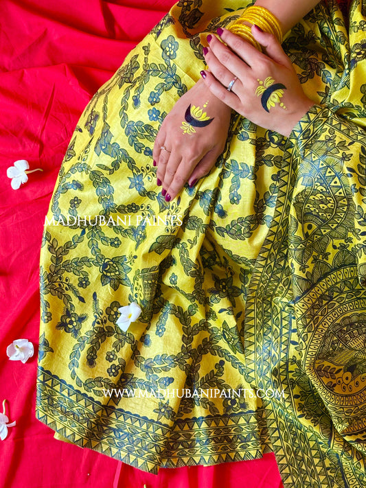 MAYUR MANDALI Full Handpainted Madhubani Saree