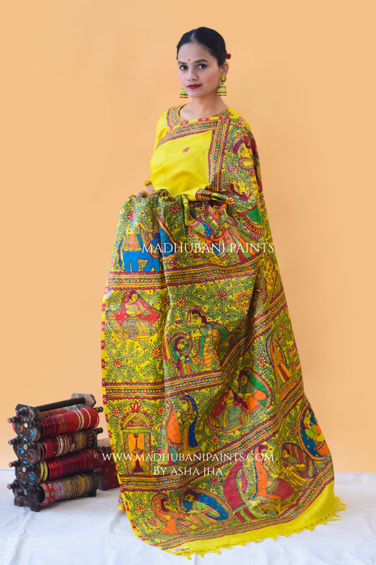 SAUBHAGYAVATI BHAVA Hand-painted Madhubani Tussar Silk Saree