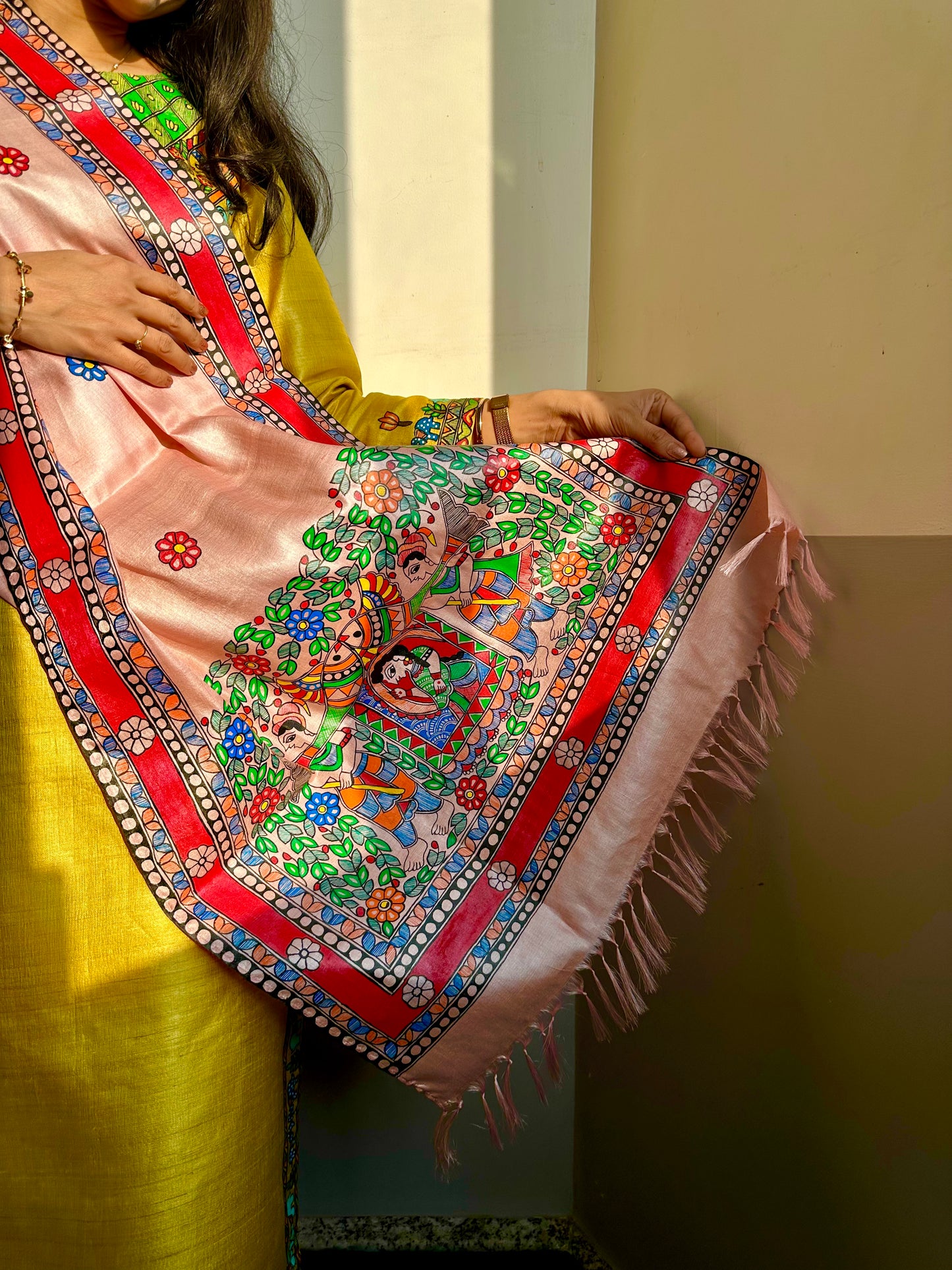 Pink Bidaai Madhubani Hand-painted Tussar Silk Stole