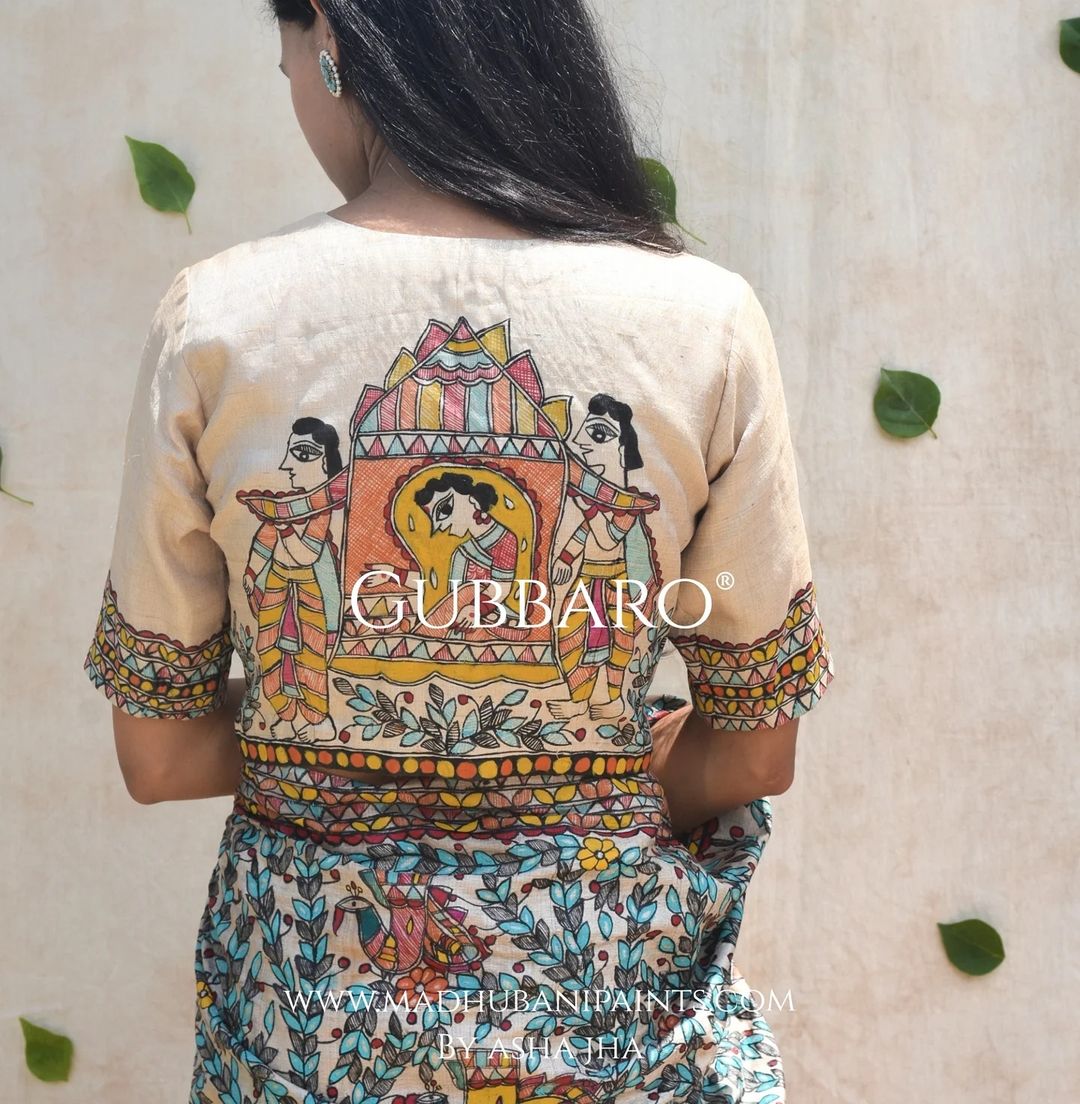 'Mithila ki Neeli Doli' Madhubani Hand-painted Saree Blouse Set
