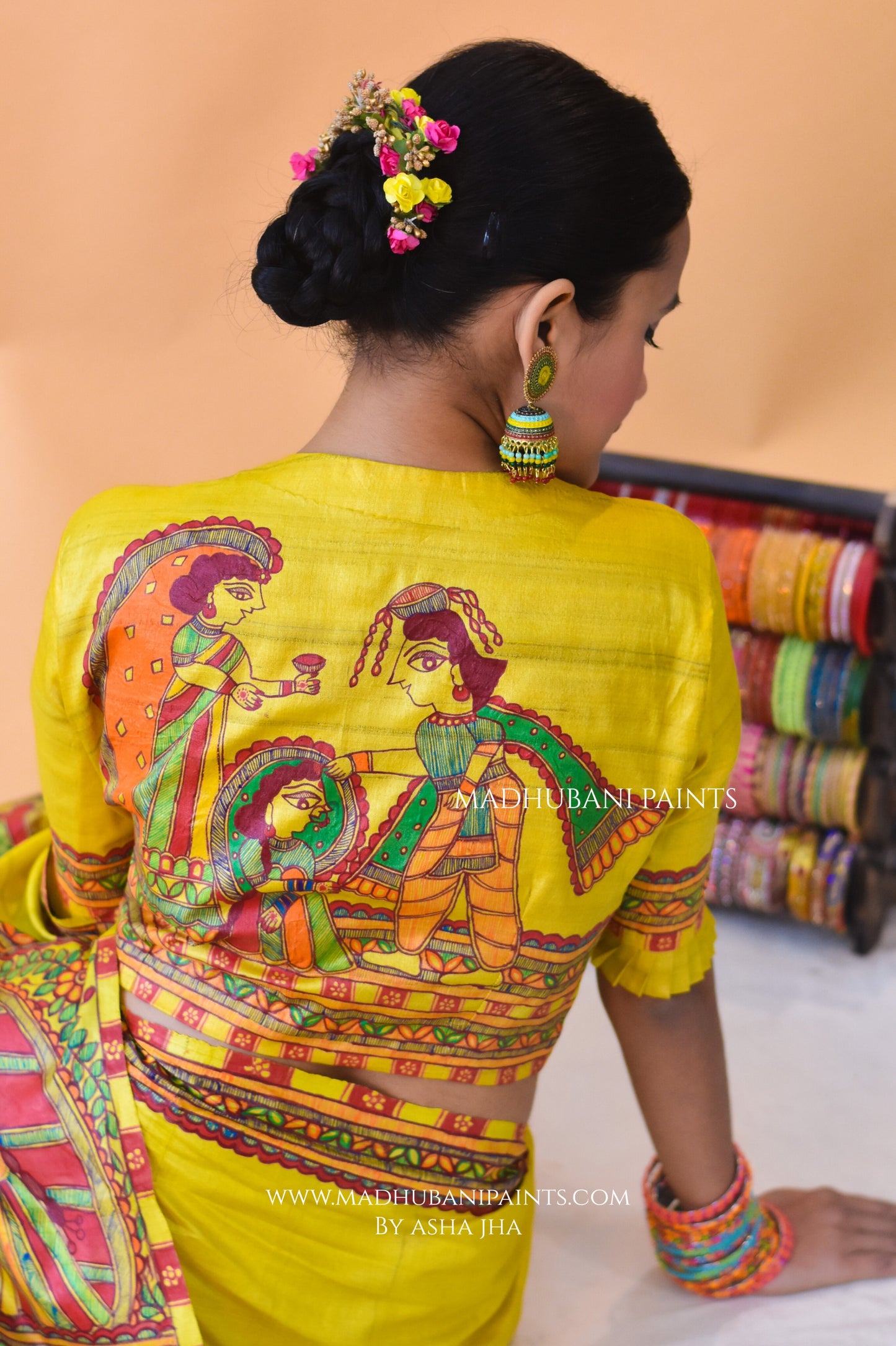 SAUBHAGYAVATI BHAVA Hand-painted Madhubani Tussar Silk Saree Blouse Set