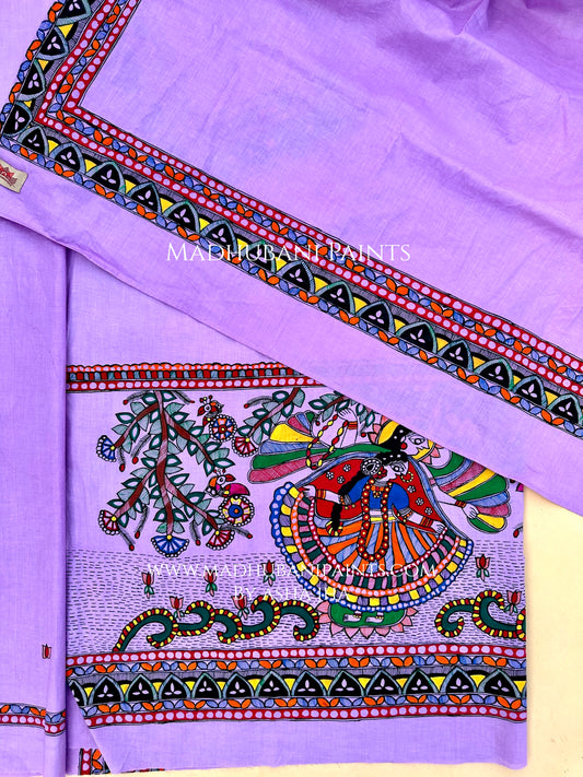 Lilac Radha Krishna Hand-painted Madhubani Painting Cotton Unstitched Kurta Pant Dupatta Set