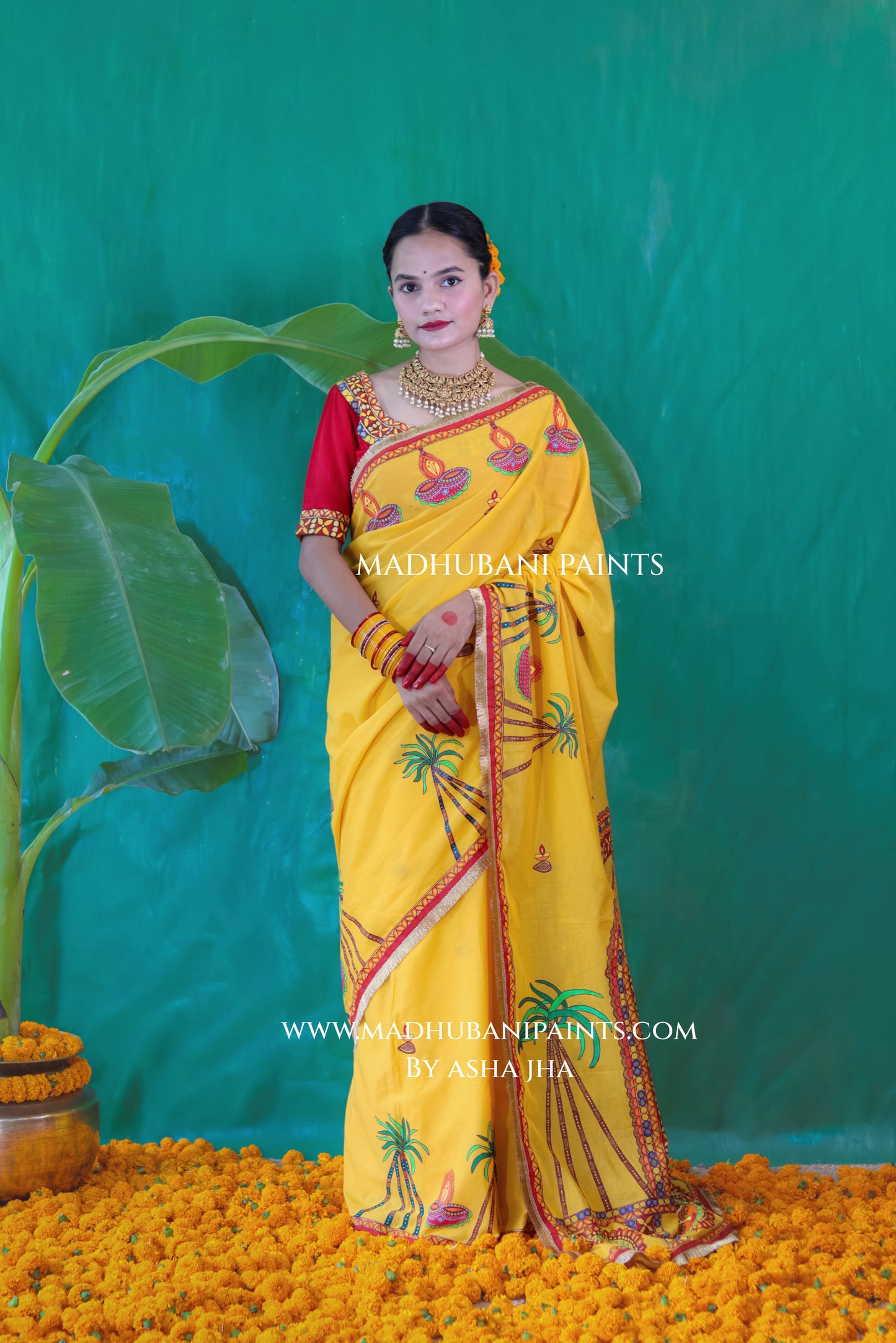 CHHATH PARV Hand painted Madhubani Mul Cotton Saree Blouse Set