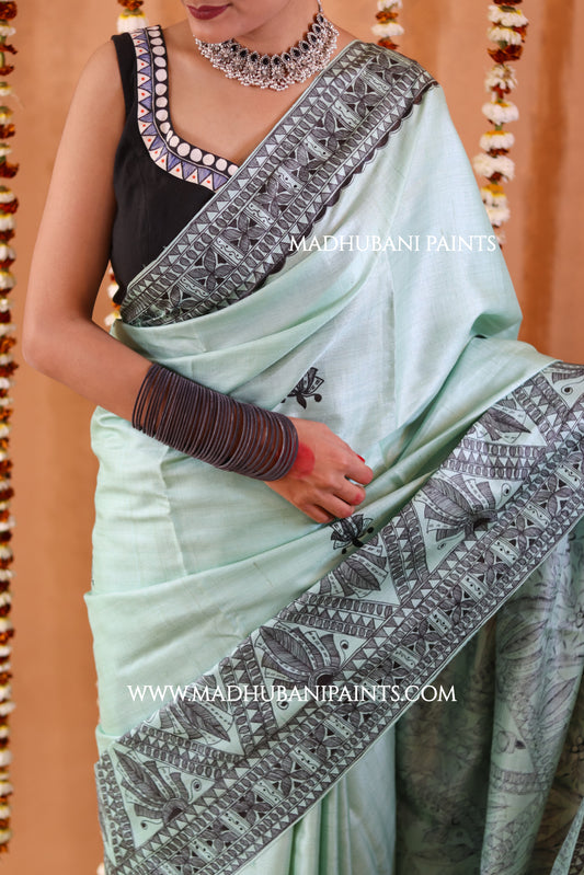 SAANKH KAMAL MANDALA Hand-painted Madhubani Tussar Silk Saree