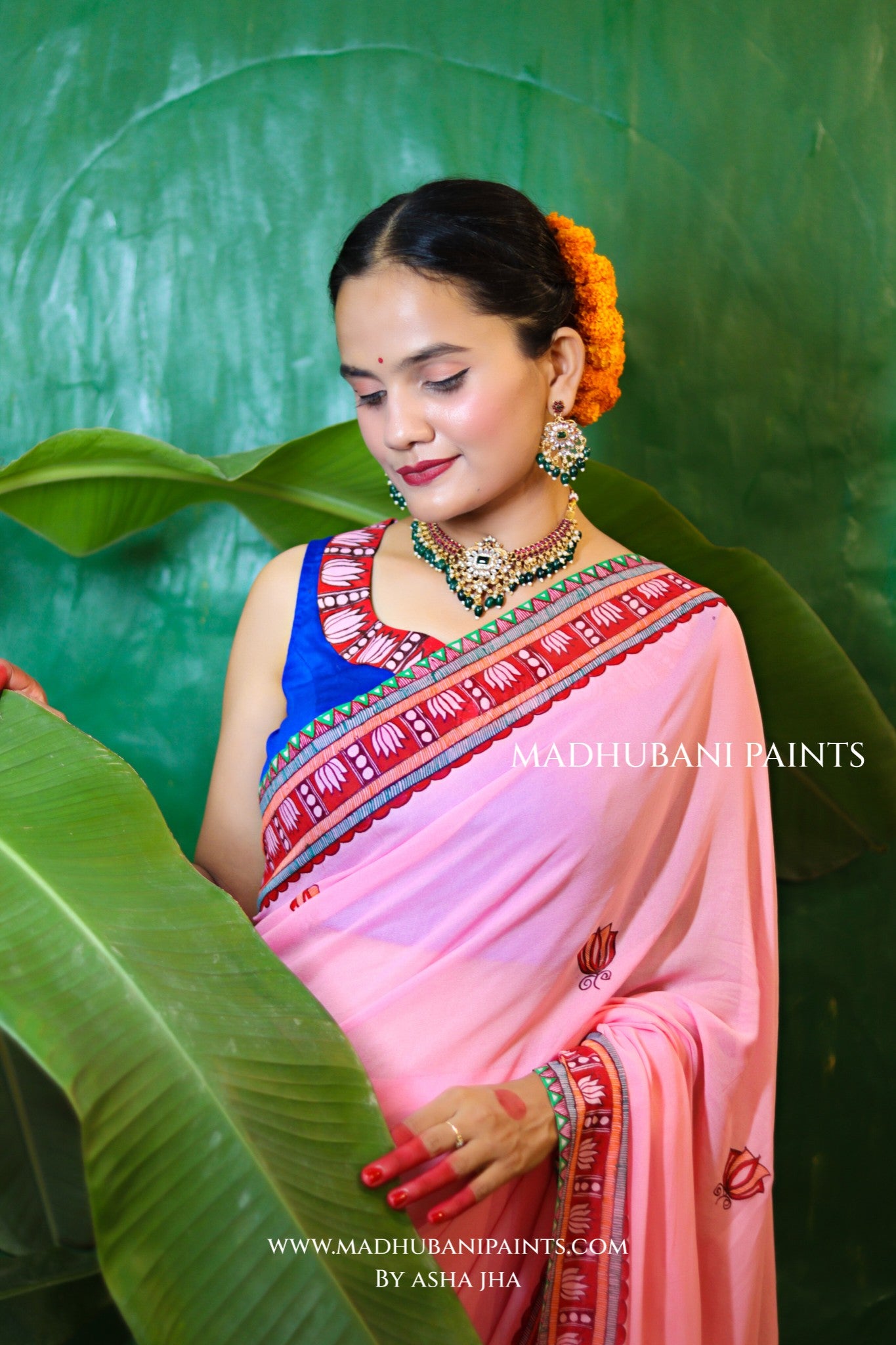 GULABI BHAKTI BHAVA Chhath Puja Hand painted Madhubani Georgette Saree Blouse Set