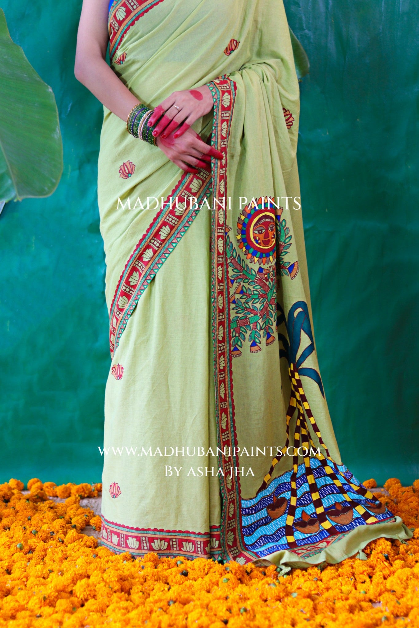 BHAKTI BHAVA Chhath Puja Hand painted Madhubani Mul Cotton Saree