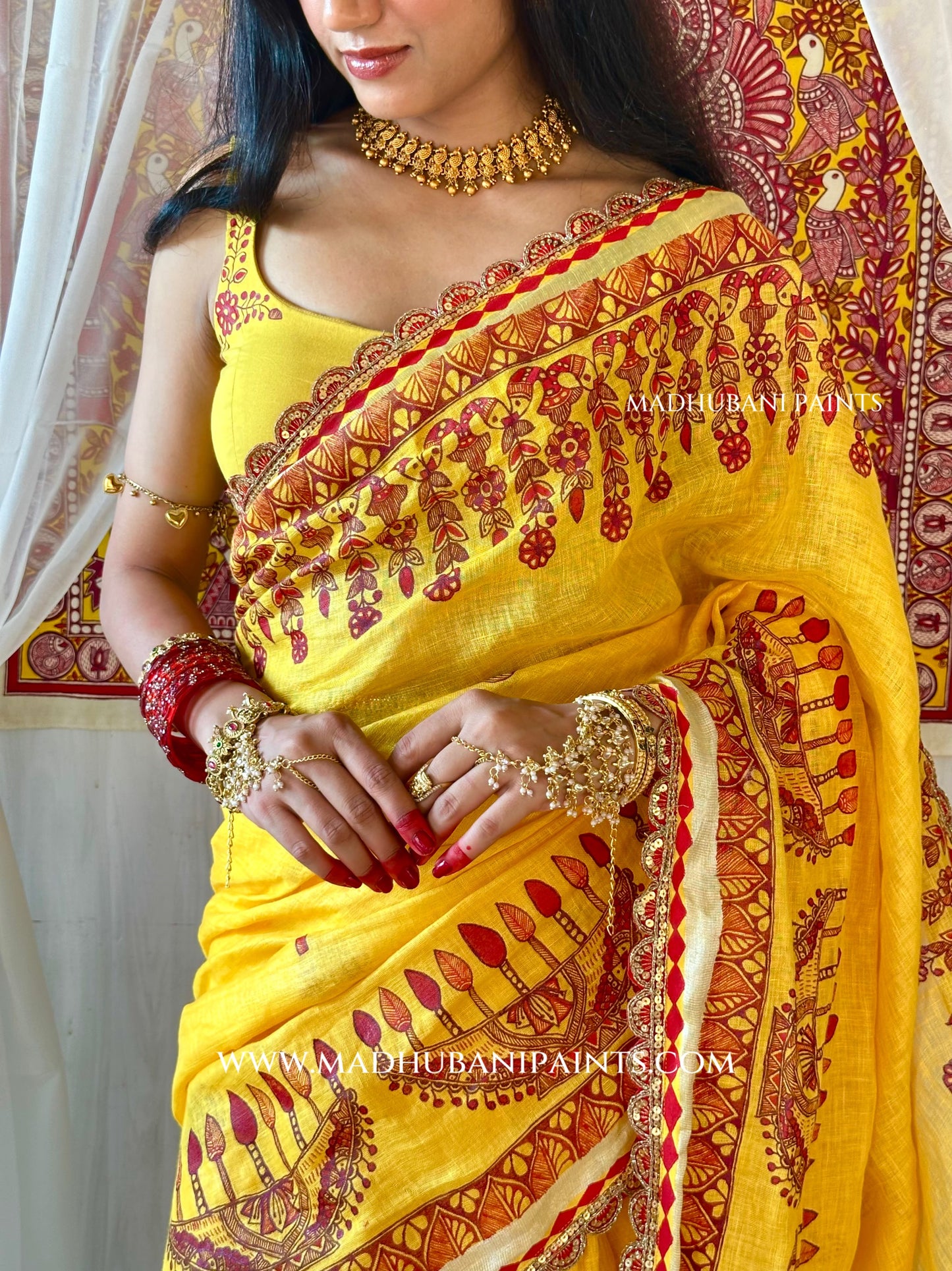 Haldi Bridal Hand-painted Madhubani Painting Saree Blouse Set