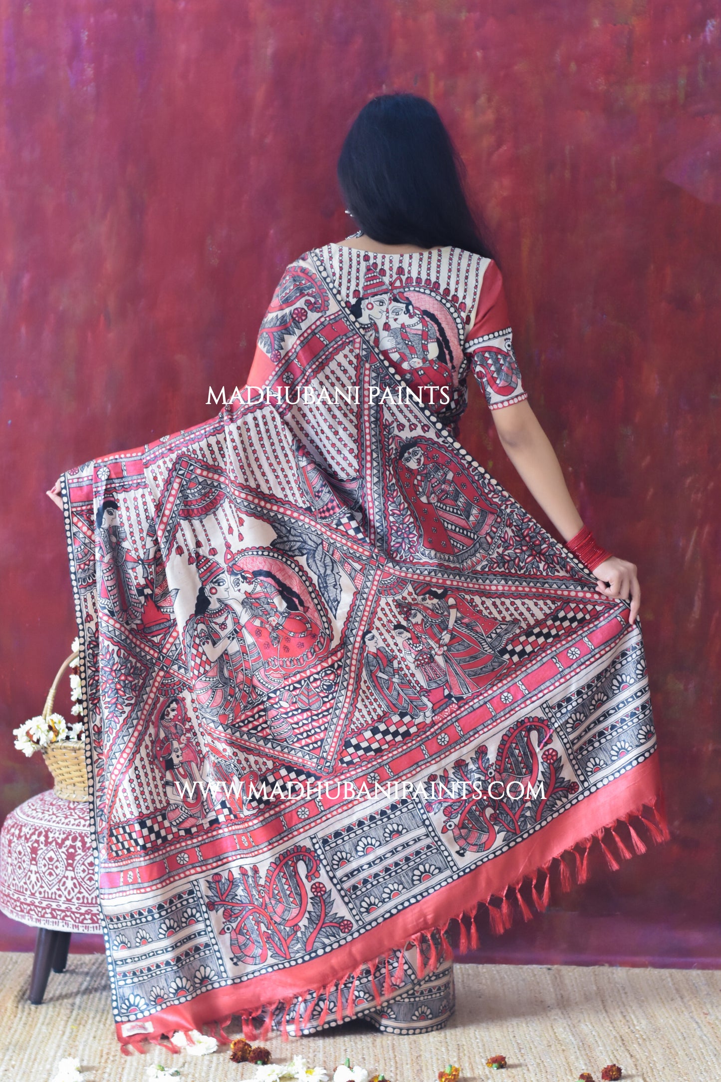 RED BENGALI WEDDING Hand-painted Madhubani Tussar Silk Saree