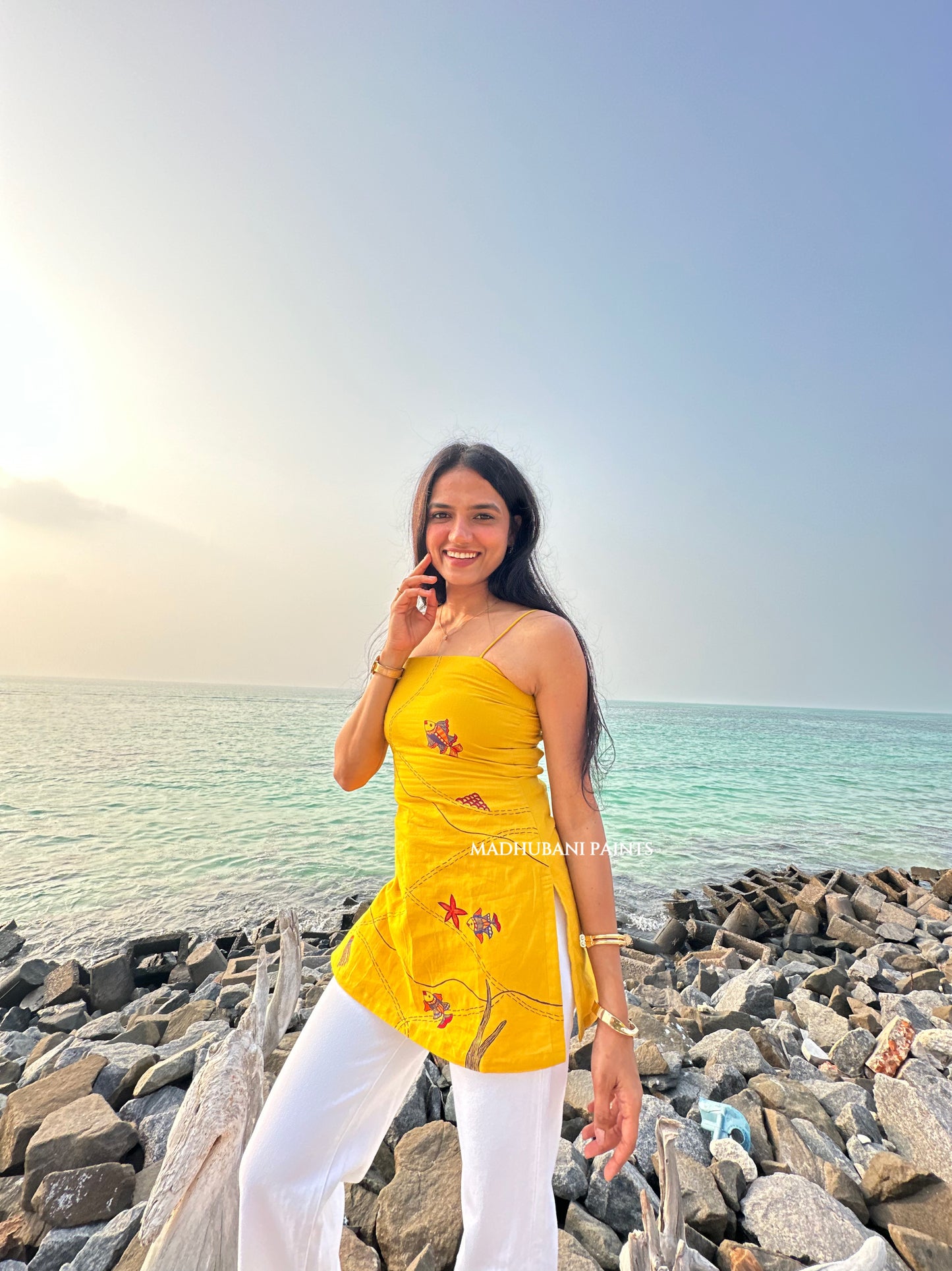 Whispers of Coral Hand-Painted Madhubani Top