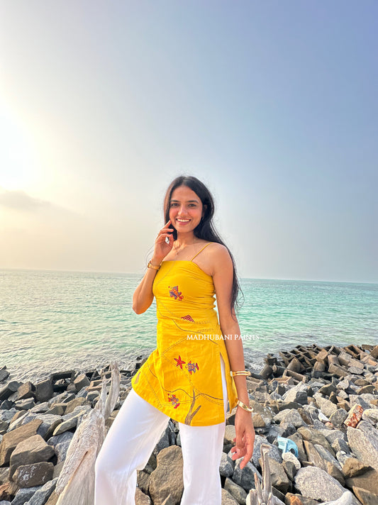 Whispers of Coral Hand-Painted Madhubani Top