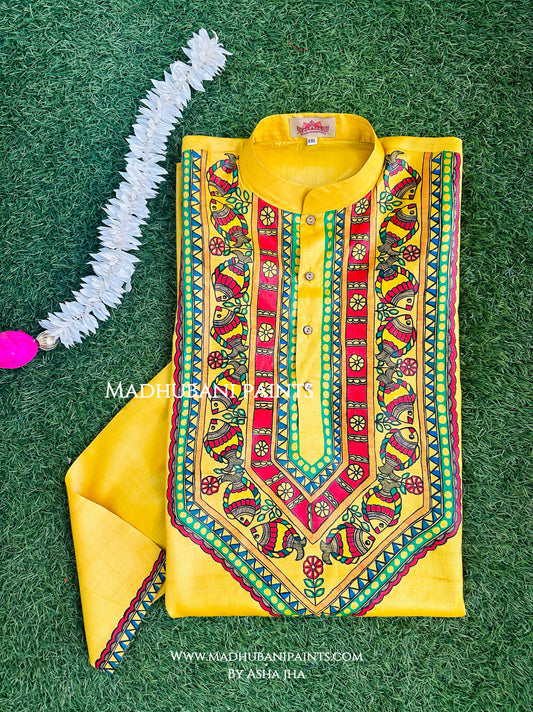 Yellow Fish Hand-painted Handloom Men's Tussar Silk Kurta